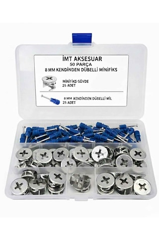 8 Mm Kendinden Dübelli Minifix Gövde Ve Mil Seti - Mobilya Bağlantı Elemanı 50 Parça Metalik