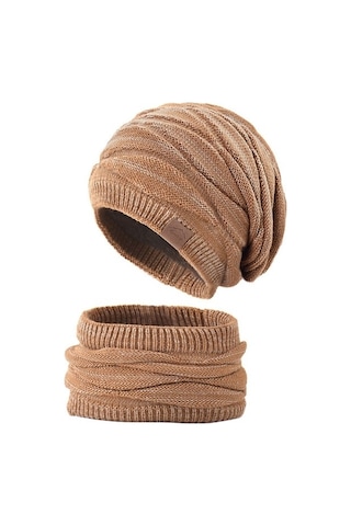 Kadınlar İçin Şık Ve Sıcak Kışlık Bere Şapka Atkı Seti, Soğuk Havalara Özel Kombin Kahverengi