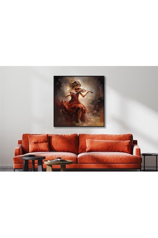 Yağlı Boya Dokulu Tablo Kırmızı Elbiseli Keman Çalan Kadın Siyah Çerçeveli U05001-178953