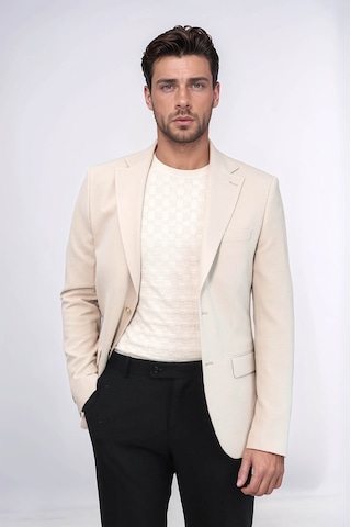 Bej Kendinden Desenli Örme Altın Renk Metal Düğmeli Slim Fit Erkek Blazer Ceket - Wessi Cream