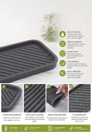 Gri Renk Silikon Yağdanlık Yağlık Sirkelik Altlığı Organizer Sunumluk Sabunluk Altlığı 23x10 Cm Diğer