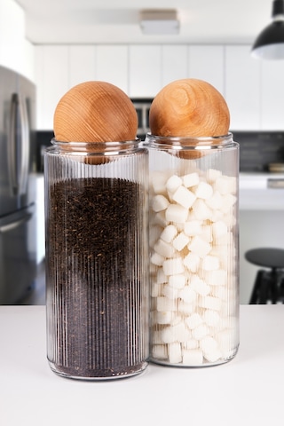 3 Lü Ahşap Top Kapaklı Dekoratif Çay, Kahve, Şeker, Tuz Saklama Kavanozu 1500 Ml Cam Şeffaf