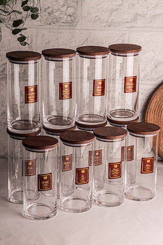 Snippy Story - 12'li Etiketli Cam Jumbo Saklama Kabı Baharatlık Ahşap - Şeffaf