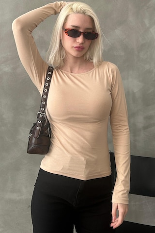 Madmext Bej Kayık Yaka Basic Kadın Body Mg1997 Bej
