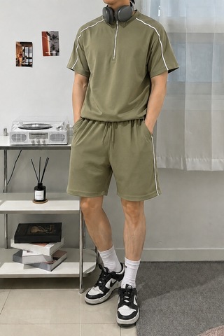 Cool Tarz Erkek Yarım Fermuarlı Şerit Detaylı Şort Takım Regular Fit 2 İplik Şardonsuz Krem Krem