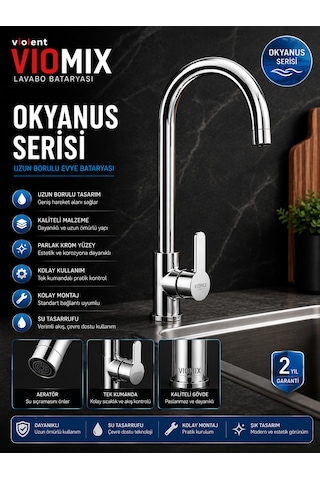 Viomix Kuğu Evye Eviye Bataryası Okyanus Serisi Uzun Borulu Yerli Üretim Krom