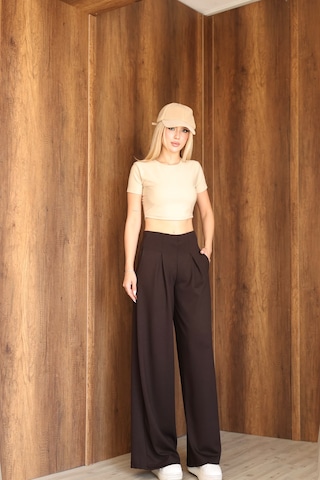 Ozy Fashion Kadın Modal Kumaş Yüksek Bel Pileli Geniş Paça Cepli Eşofman Altı Koyu Kahverengi