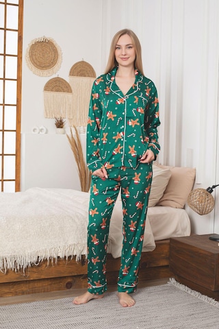 Lüks Saten Pijama Takımı Düğmeli, Cepli Ve Arabiyeli Yeşil