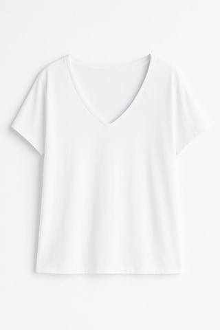 Markapia Kadın V Yaka Kısa Kollu Düz T-shirt Beyaz