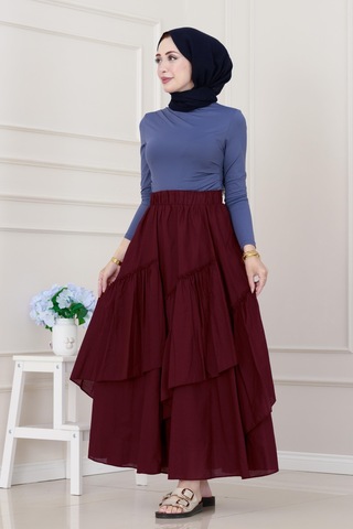 Sevitli Katlı Botto Vual Etek-bordo-5306 Bordo