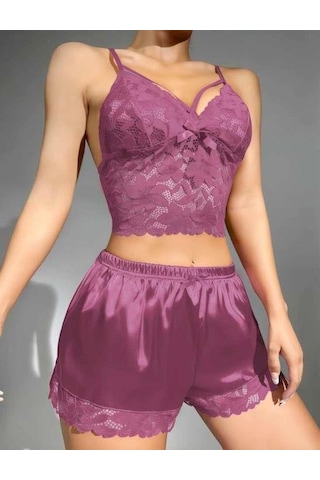 Dantelli Büstiyer İnce Askılı Lila Saten Şortlu Takım Lila