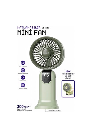 Exenar - Yeşil - Şarjlı El Fanı 5 Kademeli Telefon Standlı Mini Vantilatör 300mah 180 Katlanabilir El Tipi Fan