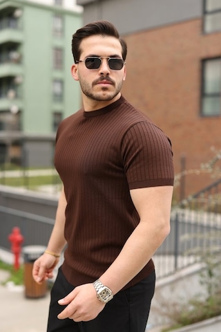 Veraura Lifestyle Erkek Fitilli Bisiklet Yaka Triko Tişört Kahverengi