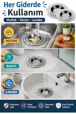 2'li Seyyar Paslanmaz Çelik Lavabo Süzgeci 7 Cm Gider Filtresi Mutfak Banyo Tıkanma Önleyici