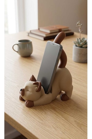 Kedi Figürlü Telefon Tutucu Stand - 3d Baskı Ofis Masaüstü Aksesuarı Ve Biblo