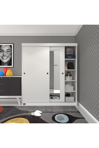 Kenzlife Gardırop Sürgülü Kapaklı Kapılı 160 Papatya Byz Aynalı Gardolap Dolap