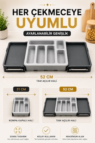 Sürgülü Ayarlanabilir Kaşıklık Organizer Çekmece İçi Düzenleyici S-10555 Gri
