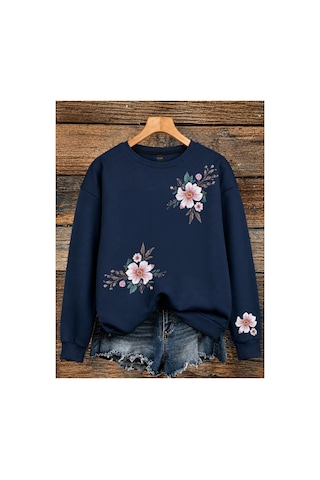Esade Kadın Pembe Zampak Çiçek Kol Baskılı Rahat Kalıp Bisiklet Yaka Lacivert Sweatshirt Lacivert