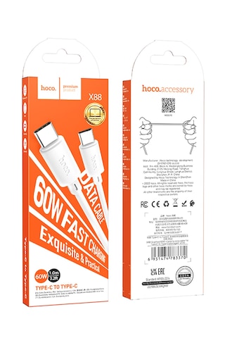 Hoco X88 60w 3a Type-c To Type-c Apple iPhone Android Uyumlu Hızlı Şarj Veri Kablosu Beyaz 1 Metre Type C To Type C 60w