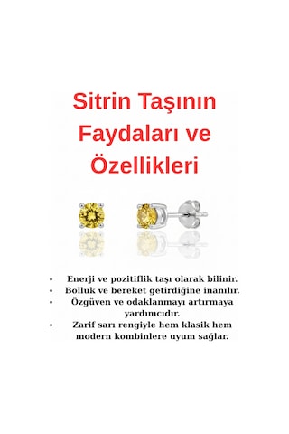 925 Ayar Gümüş 4 Mm Tektaş Sitrin Taşlı Küpe Gold - Gümüş