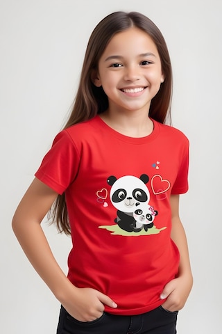 Panios Kids Mother Panda Baskılı Kız Çocuk Kısa Kollu T-shirt Kırmızı