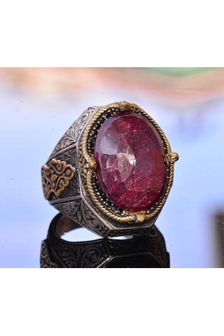 El Yapımı Vintage Tasarım Zümrüt Yüzük - 925 Ayar Gümüş Erkek Yüzük Altın Aksesuarlarla Yakut Gümüş