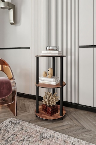 3 Katlı Dekoratif Yuvarlak Kitaplık Ceviz Ceviz