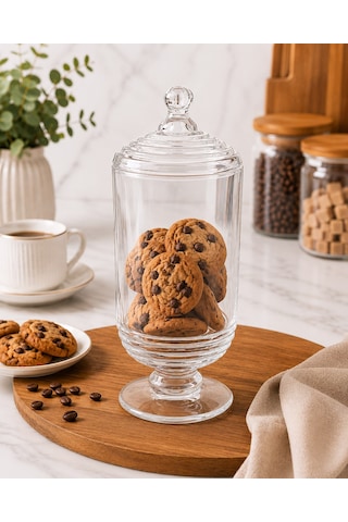 Chacha Home Halkalı Cam Kapaklı Ayaklı Drajellik & Şekerlik 780 Ml - 24 Cm Şeffaf