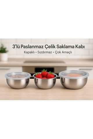 Enashop 3'lü Çelik Saklama Kabı 12-14-16 Cm 6 Parça Metalik
