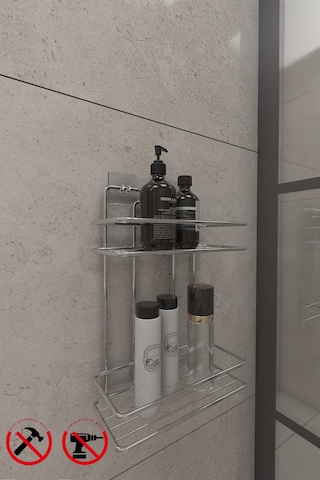 Alper Banyo Yapışkanlı Krom 2 Katlı Düz Banyo Rafı Banyo Şampuanlığı TŞ02.K Çok Renkli