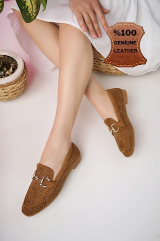 Muggo Phuket Garantili Metal Tokalı Lazerli Nefes Alabilen Deri Kadın Loafer Günlük Ayakkabı Taba