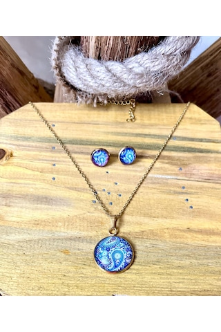 316l Çelik Otantik Figürlü Kolye Küpe Hediyelik Set Lacivert