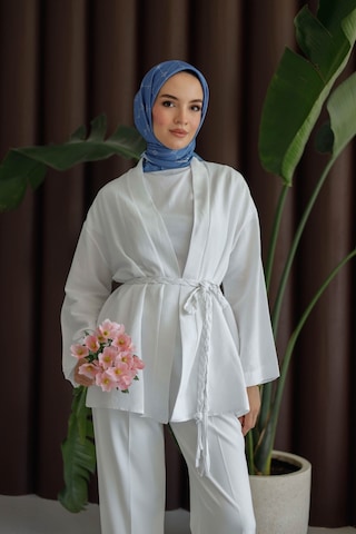 Moonsc Keten Kimono Kemerli Beyaz