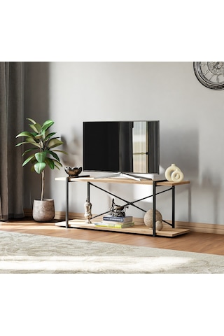 Televizyon Ünitesi Tv Standı Raflı Metal Sehpa Çam 1379