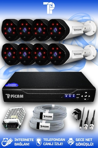Picam 8 Kameralı Uzay 8 Dış Kamera Set HDD'siz Full HD Gece Görüşlü Güvenlik Kamerası Sistemi