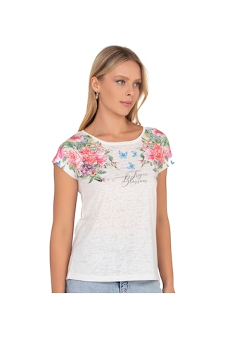 Kadın Floral Desenli Yazı Detaylı Bluz Ekru 25792 Ekru