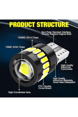 jmsstore 2 Adet W5w T10 Led Ampuller Canbus 3014 + 3030 18smd 6000 K 168 194 Led 5w5