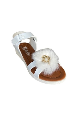 Cırtlı Peluş Fiyonklu Kız Çocuk Sandalet Beyaz-beyaz Beyaz
