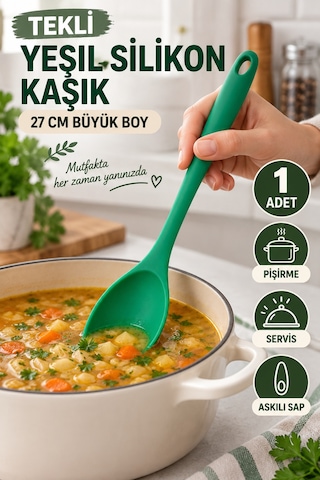 Tekli Yeşil Büyük Boy Silikon Kaşık 27 Cm Mutfak Yemek Pişirme Ve Servis Kaşığı Renkli Mutfak Gereci