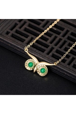 925 Ayar Gümüş Kadın Baykuş Kolye Kolye El Yapımı Yeşil Yeşim Gözler Kolye Çin Tarzı Vintage Takı Kolyeler Altın - Gümüş