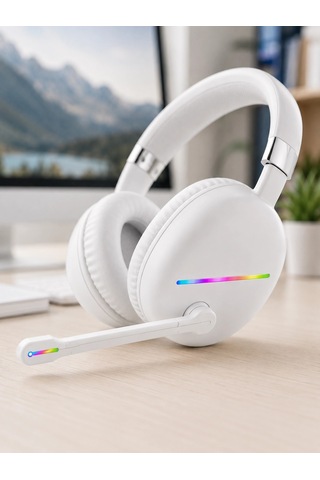 Rgb Işıklı Mikrofonlu Bluetooth Kulaklık Beyaz Overear Tasarım Typec Şarjlı