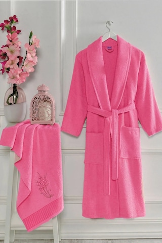 Eponj Home Bornoz - Nakışlı Havlu Seti Cora Fuşya L/xl+45x85cm Fuşya