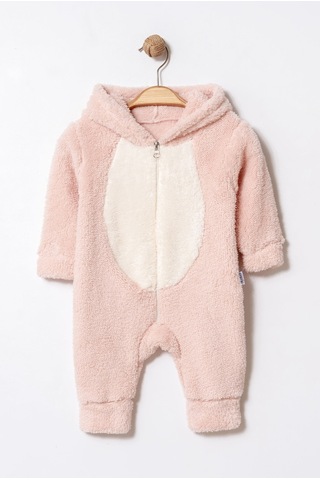 Unisex Bebek Kapüşonlu Tavşan Desenli Peluş Tulum Bej