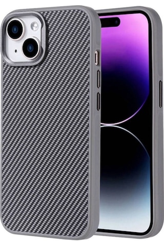 Apple Uyumlu iPhone 14 Kılıf M-safe Şarj Özellikli Karbon Fiber Görünümlü Zore Troy Kapak Gümüş