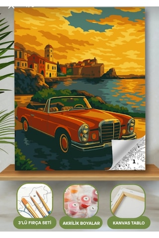 Denic Sayılarla Boyama Seti 40x50 Cm (Çıtalı) Fırça Boya Dahil Numaralı Tuval Kırmızı Arabalı Manzara