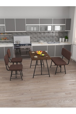 Hayat 70x110 Amalfi Mutfak Masası, Mutfak Masası Takımı, Yemek Masası, 2 Sandalye 1 Bench - Kahverengi Kahverengi