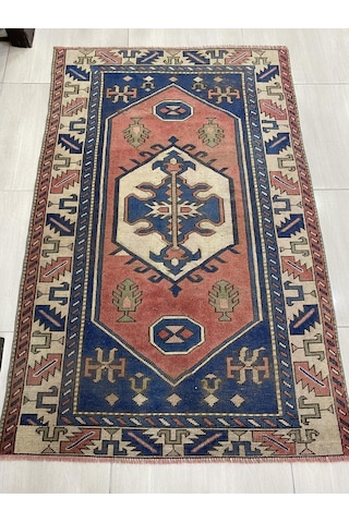 El Dokuması Eskitme 122X190 Kiremit Mavi %100 Yün Vintage Halı !