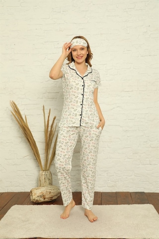 Akbeniz Kadın %100 Pamuk Önden Düğmeli Kısa Kol Pijama Takım 2842 - XL Ekru