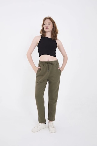 Moda Kadın 3 İplik Pamuklu Boru Paçası Cepli Eşofman Pantolon - Haki Çok Renkli