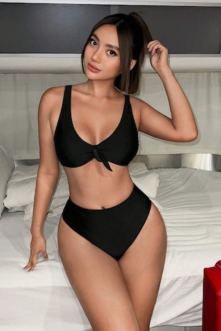 Angelsin Şık Yüksek Bel Bikini Takım Çıkartılabilir Kaplı Siyah